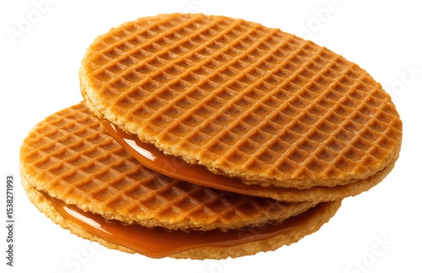Fototapeta Two caramel-filled stroopwafels with a crisp waffle pattern, stacked with visible syrup oozing.