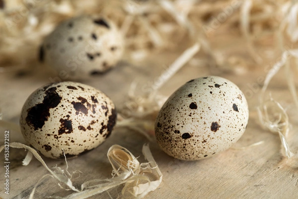 Fototapeta Still life with spotted, quail eggs on a straw