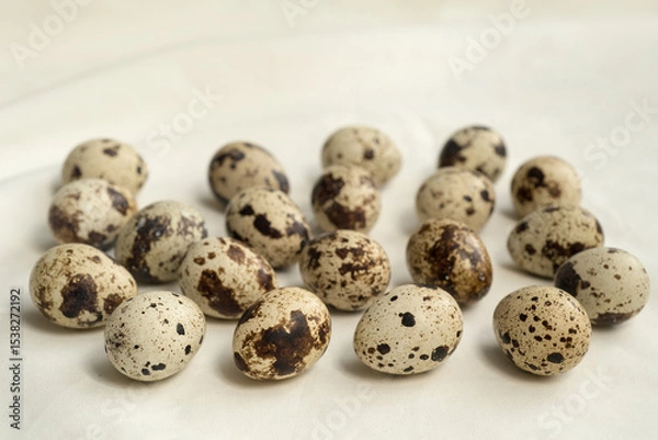 Fototapeta spotted quail eggs, scattered on light fabric