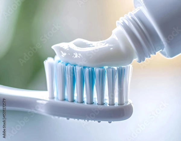 Fototapeta Toothpaste being squeezed from a white tube onto a toothbrush on a clean surface.
