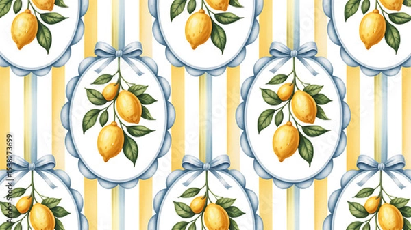 Fototapeta Decorative seamless lemon and leaf pattern with striped background in a classic design