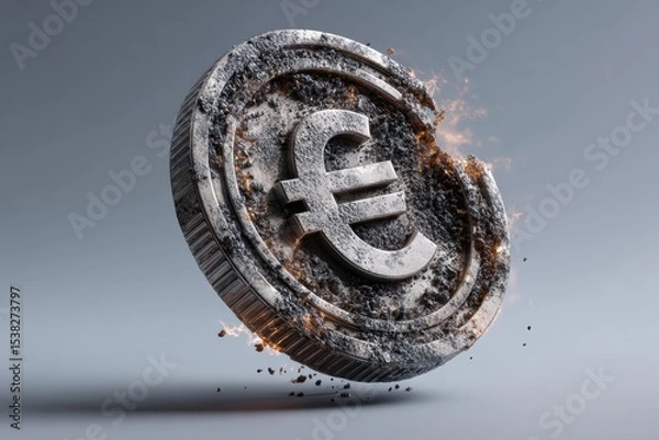 Fototapeta Charred and flaming Euro currency symbolizing financial turmoil, profit loss, and economic instability in turbulent markets.