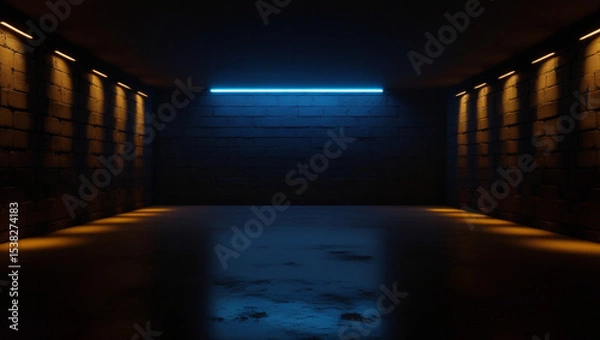 Fototapeta Dark Blue Glowing Neon Lights Warm Spotlights On Rough Grunge Stone Brick Walls Club Podium Stage Cyber Retro Cement Concrete Floor Basement Hangar 3D Rendering.