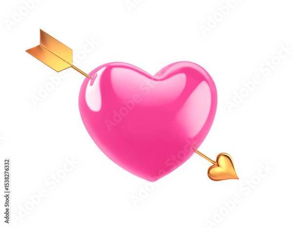 Fototapeta Pink heart pierced by golden arrow isolated on white background. Clipping path included
