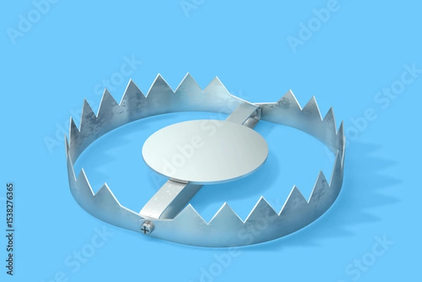 Fototapeta Open metal trap isolated on blue background. Clipping path included