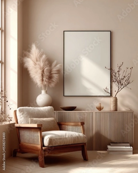 Fototapeta Cozy Living Room Interior With Armchair and Blank Frame, Ideal for Home Decor and Real Estate Mockups, Showcasing Tranquility and Modern Design : Generative AI