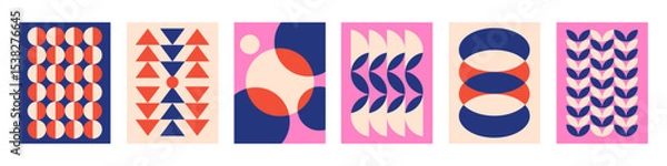 Fototapeta Set of Abstract vertical geometric backgrounds with colorful shapes and forms. Pink, red, beige and blue colors. Trendy vector illustration in style retro	