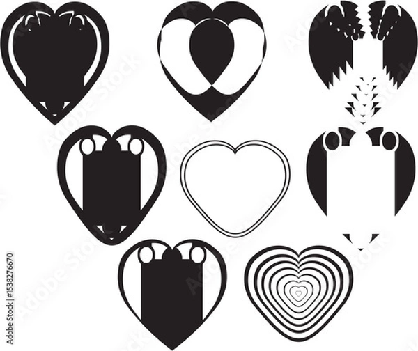 Fototapeta Abstract Geometric Heart Icons Set, Modern Black and White Vector Designs 