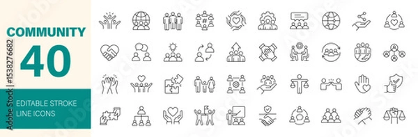 Fototapeta Community icon set. Containing friendship, relationship, social, diversity, people, family, love, networking, trust, neighborhood, belonging and more. Editable line icons. Vector illustration.