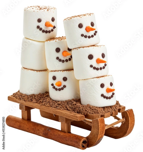 Fototapeta Fun Marshmallow and Cinnamon Stick Sledge with Red Ribbons
