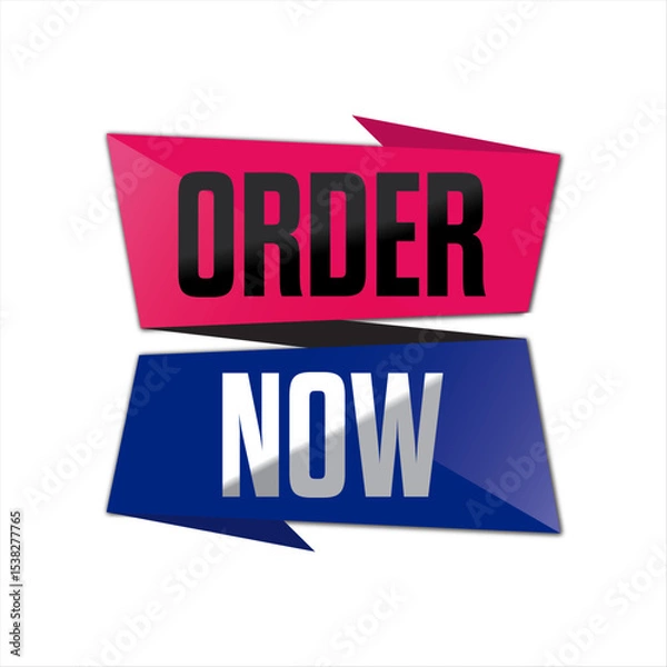 Fototapeta Bright Order Now Banner with Layered Ribbons and Geometric Shapes. Pink and Blue Editable Banner.