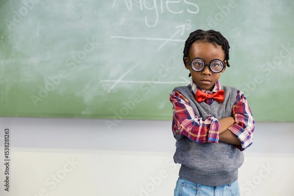 Fototapeta Student is standing confidently in front of green chalkboard showing angles diagrams in classroom