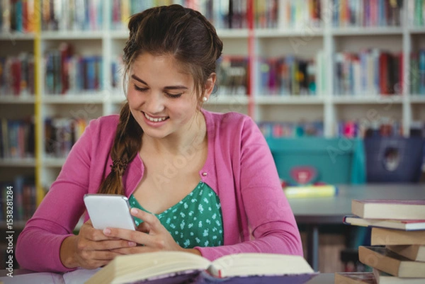 Fototapeta Teenage student smiling scrolling smartphone beside open book on library table bookshelves, bins