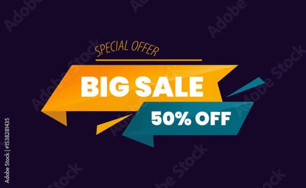 Fototapeta Minimalist Geometric Sale Banner with Ribbons Emphasizing Big Discount, Special Offer, and 50% Off. Yellow and Green. Editable