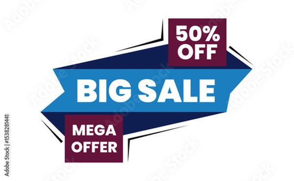 Fototapeta Geometric Ribbon Sale Banner Vector with Bold 50% Off, Big Sale, and Mega Offer Message. Blue and Maroon. Editable