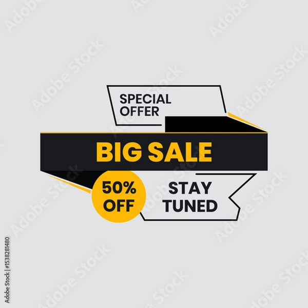 Fototapeta Creative Ribbon and Shape Vector Design Highlighting Big Sale and Special 50% Off Promotion. Yellow and Black. Editable. 