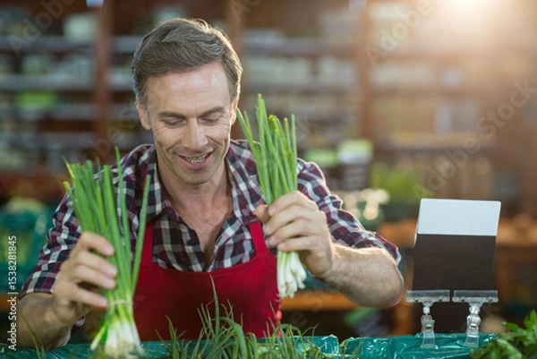 Obraz Male vendor arranging green onion bunches at market stall wearing red apron with blank price sign