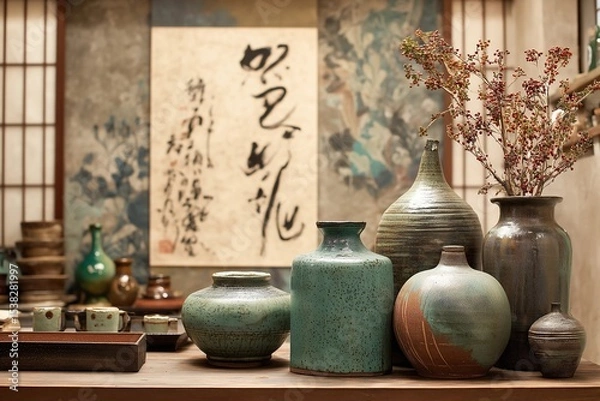 Obraz Traditional oriental arts: Traditional kitchen scene with handmade pottery, calligraphy, and glowing washi screen background