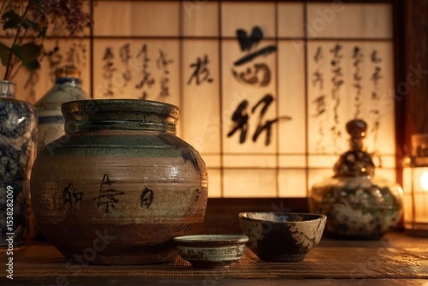 Obraz Traditional oriental arts: Traditional kitchen scene with handmade pottery, calligraphy, and glowing washi screen background