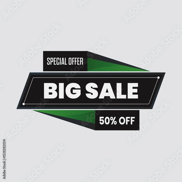 Fototapeta Vibrant Geometric Vector Banner with Ribbons Showcasing Big Sale, Special Offer, and 50% Off Text. Green and Black. Editable