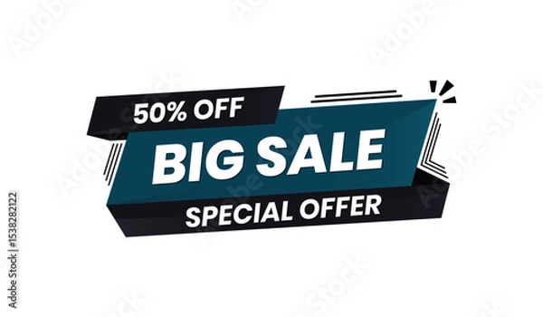 Fototapeta Colorful Ribbon and Shape Vector Banner Highlighting Big Sale, Special Offer, and 50% Off Promotion. Blue and Black. Editable. White Background