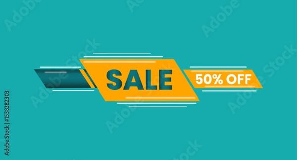 Fototapeta Bold Geometric Banner with Ribbons Featuring Sale, , and 50% Off Message. Yellow and Green. Editable