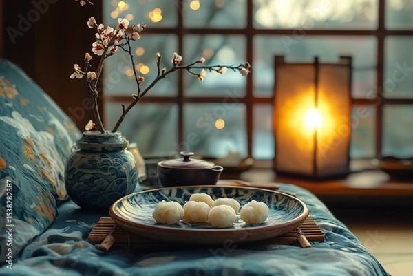 Obraz Traditional oriental arts: Kintsugi plate with mochi and a branch of plum blossoms, quiet Japanese breakfast scene 