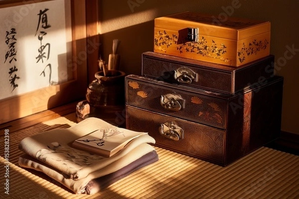 Obraz Traditional oriental arts: Still life of yosegi drawer chest and folded kimono, warm tatami room with soft shadows. Stack of yosegi marquetry boxes
