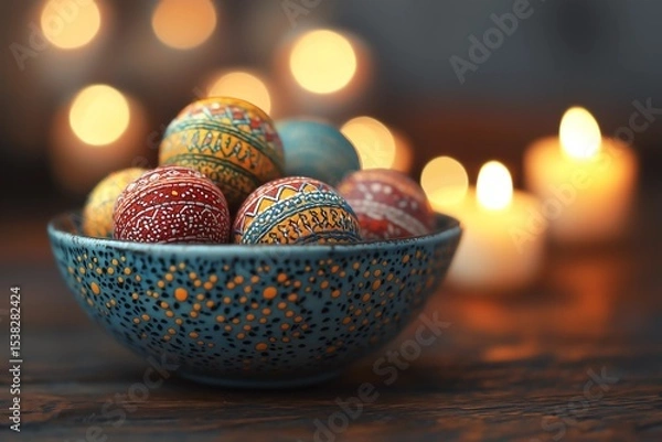 Obraz Traditional oriental arts: Temari embroidered balls in ceramic dish, wooden table, candlelight and bokeh blur