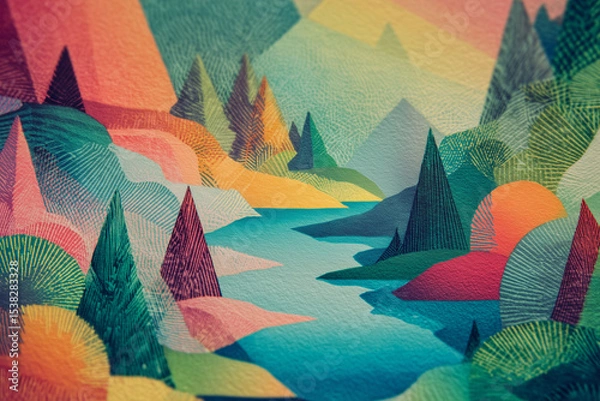 Fototapeta geometric colorful trees, river and mountains risograph texture background wallpaper art