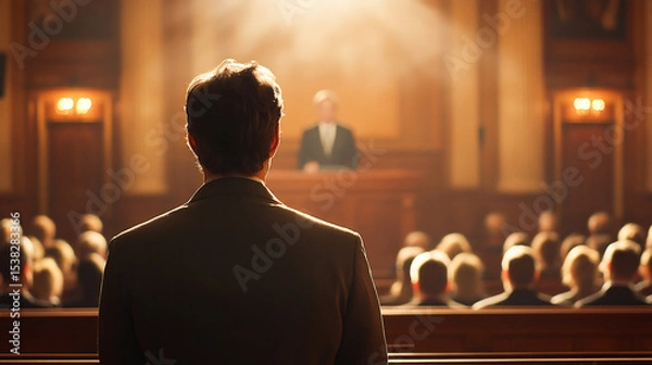 Obraz A lawyer is presenting a case in front of blurred figures in a courtroom setting; professionalism and law