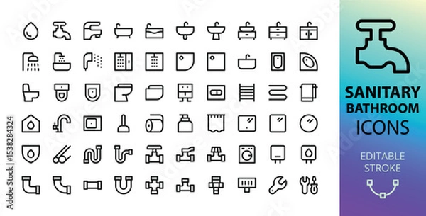 Obraz Bathroom and sanitary ware UI icons set. Set of faucet, bathtub, washbasin, shower cabin and tray, toilet, plumbing pipes, bathroom furniture and cabinet, towel rail vector icon with editable stroke