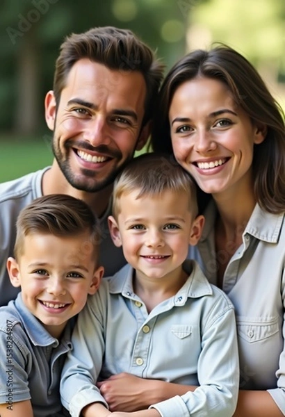 Fototapeta A happy family gathers together in a picturesque park, enjoying each others company. Two playful boys beam with joy alongside their loving parents, creating cherished memories Generative AI