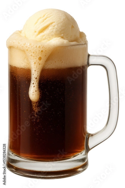 Fototapeta A glass mug of root beer topped with a scoop of vanilla ice cream, forming a foamy root beer float with frothy bubbles.