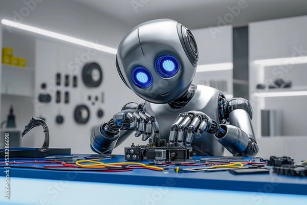 Fototapeta Cute Robot Assembling Electronics – AI and Technology Vector Concept