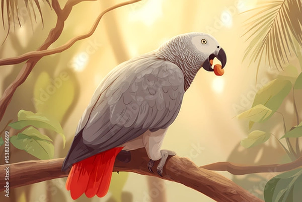 Fototapeta African Grey Parrot Eating a Nut on a Branch – Vector Illustration