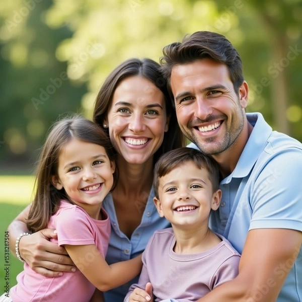 Fototapeta A joyful family gathers in a lush green park, embracing each other with smiles of love. Two children, a son and a daughter, radiate happiness beside their parents Generative AI