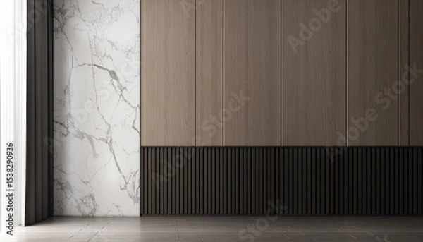 Fototapeta empty room with wooden and marble wall background. 3d rendering.