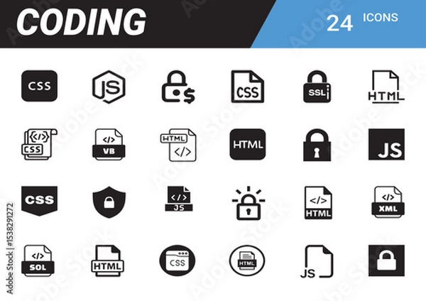 Fototapeta Coding Icons Set: A modern, well-designed collection of 24 unique coding-related icons perfect for software development, web design, and tech-related projects.