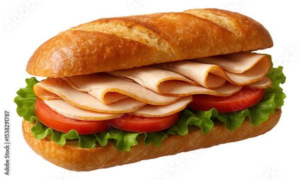 Fototapeta Fresh turkey sandwich with sliced turkey breast, tomato, and lettuce in a crusty baguette.
