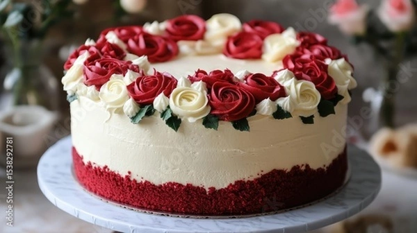 Fototapeta Red Velvet Cake adorned with Roses