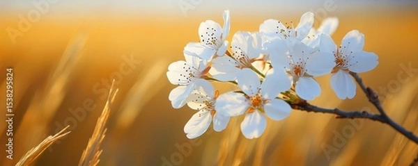 Fototapeta Delicate white blossoms usher in spring bathed in the golden light of a serene sunset soft focus