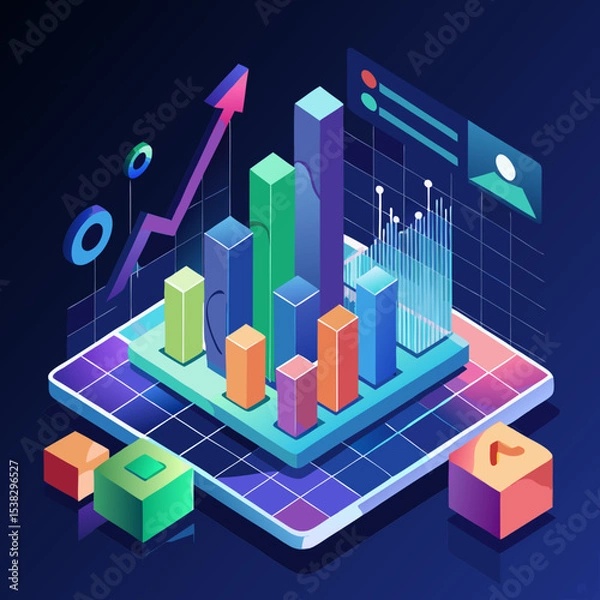 Obraz Isometric Business Growth Chart with Arrow and Data Visualization on Platform Vector Art