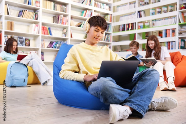 Fototapeta Student with laptop studying on bean bag in library
