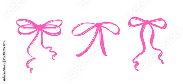 Fototapeta Set of Pink Coquette Bows in Different Styles. A Charming Collection of Feminine Hand-Drawn Ribbons with Playful Curves