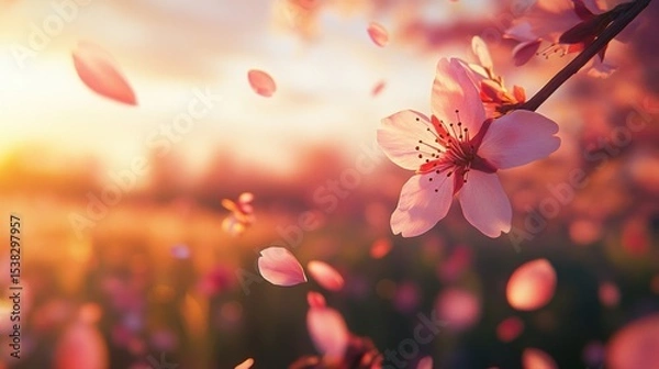Fototapeta Floating cherry blossom petals catching golden sunlight evoking springtime serenity in a dreamy warm