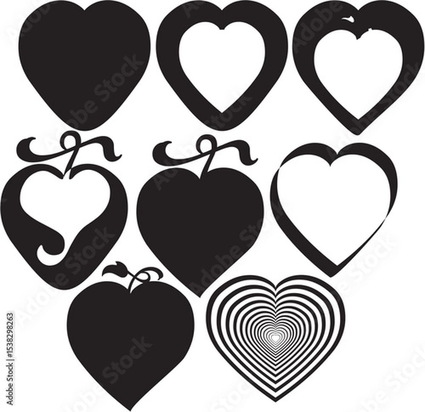 Fototapeta Decorative Heart Shapes Collection, Black Silhouette Vector Icons with Swirls and Cutouts