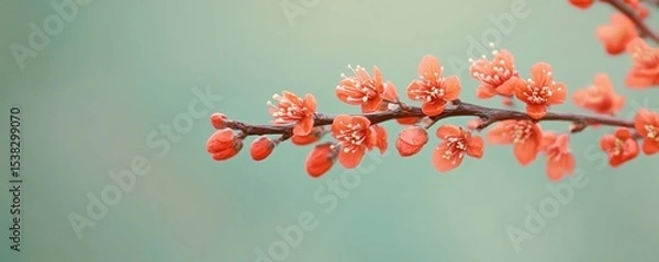 Fototapeta Delicate coral blossoms herald the arrival of spring on a thin branch against a soft teal backdrop