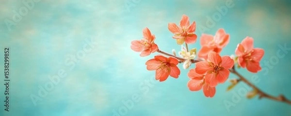 Fototapeta Delicate coral blossoms herald the arrival of spring against a dreamy azure sky bokeh background