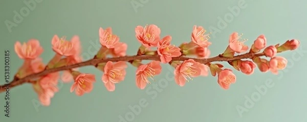 Fototapeta Whispers of spring Delicate peach blossoms emerge on a slender branch promising renewal and beauty